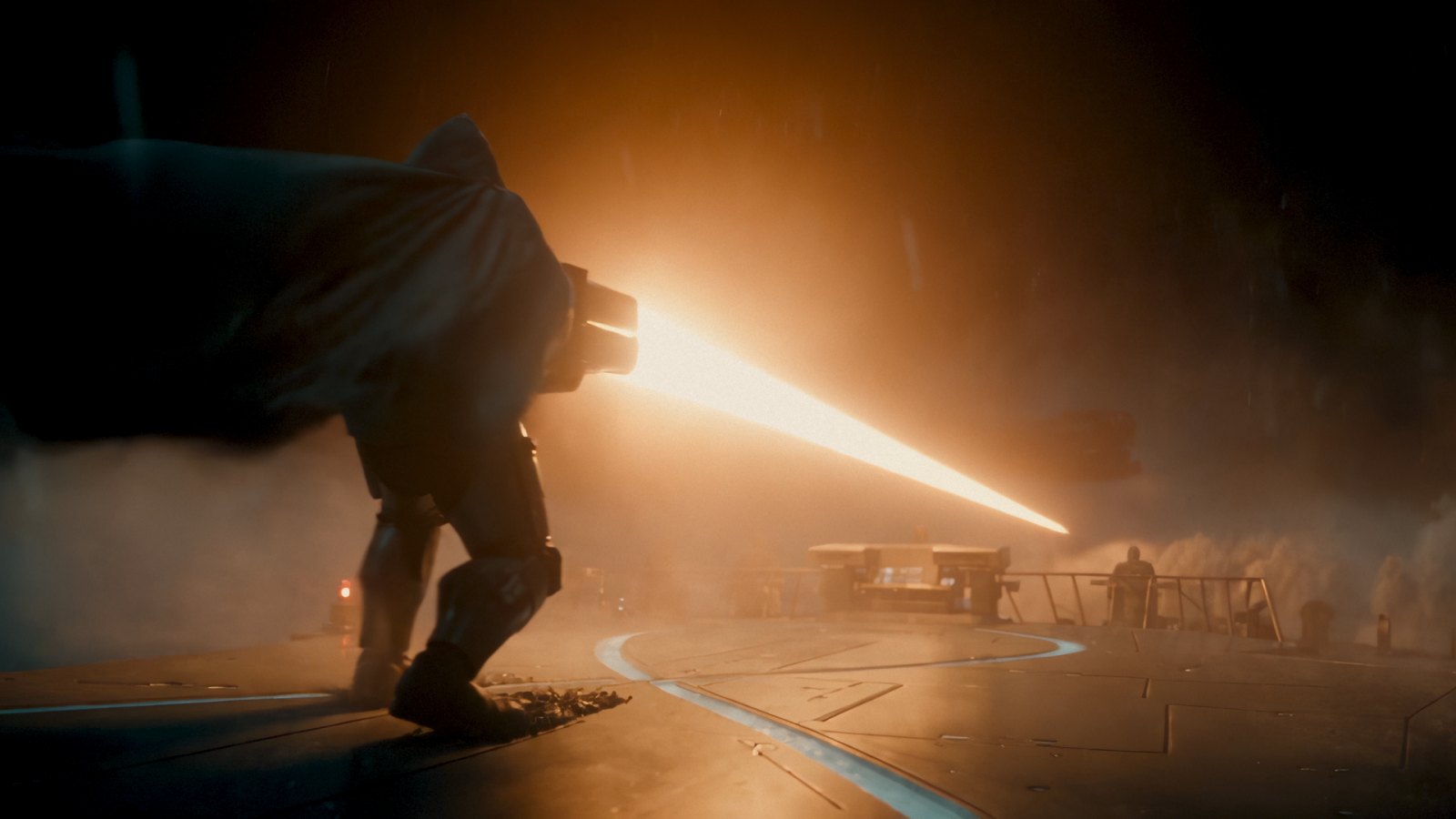 A hooded armored gunner seen from behind, braced against a hard recoil on a ship deck at night, his cape whipping, as an orange beam leaves his cannon toward a distant crew in the fog.