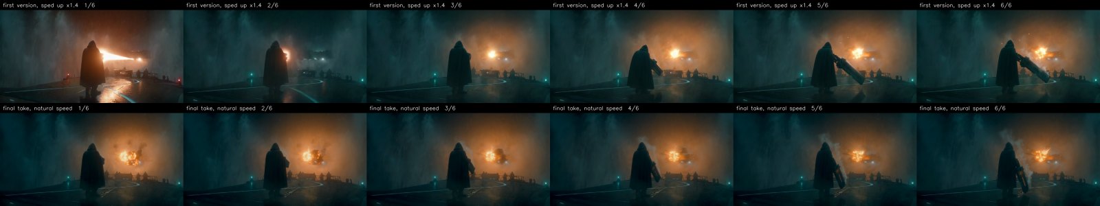 Two rows of six frames. Top: the first version, where the cannon swings out to the side. Bottom: the final take, where the cannon sinks slowly against the gunner's hip, smoking.