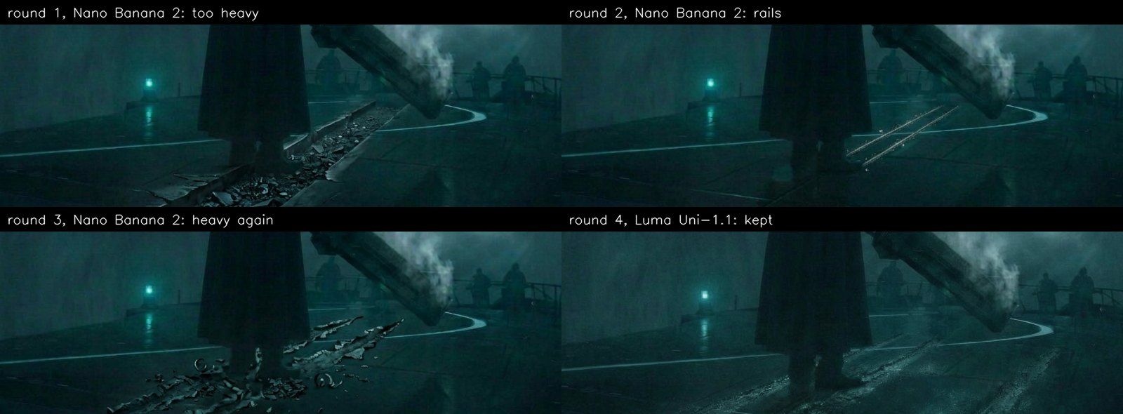 Four renders of marks on a dark deck in front of the gunner's boots: heavy rubble trenches, two thin rails, rough heavy gouges, and the kept version made with Luma Uni-1.1, a soft scuffed trail.