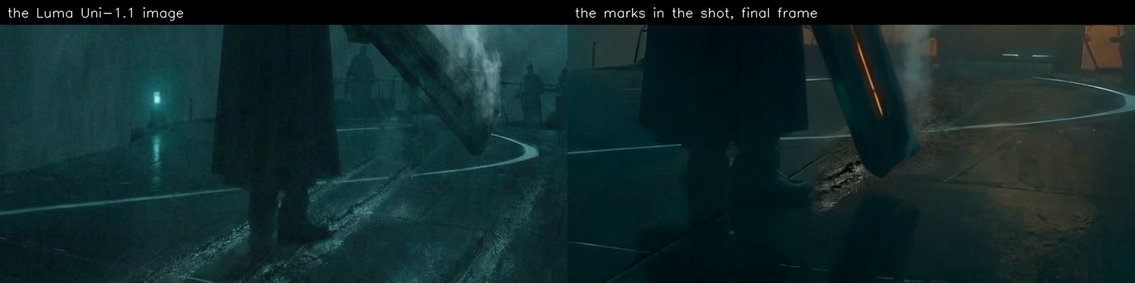 Left, the Luma Uni-1.1 image with scuffed marks on the deck. Right, the same marks in the final shot, behind the gunner's boot and the lowered cannon.